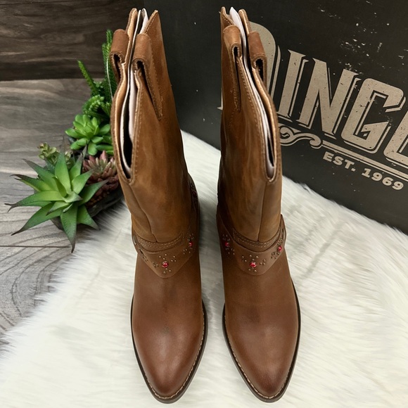 NIB Dingo Dan Post Madre Western Boots Harness Studs Cognac Leather - Picture 2 of 14